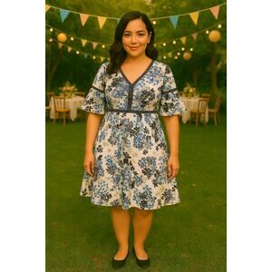 Lane Bryant Floral Bell Sleeve Dress Womens Size 28 Fit & Flare Boho Event